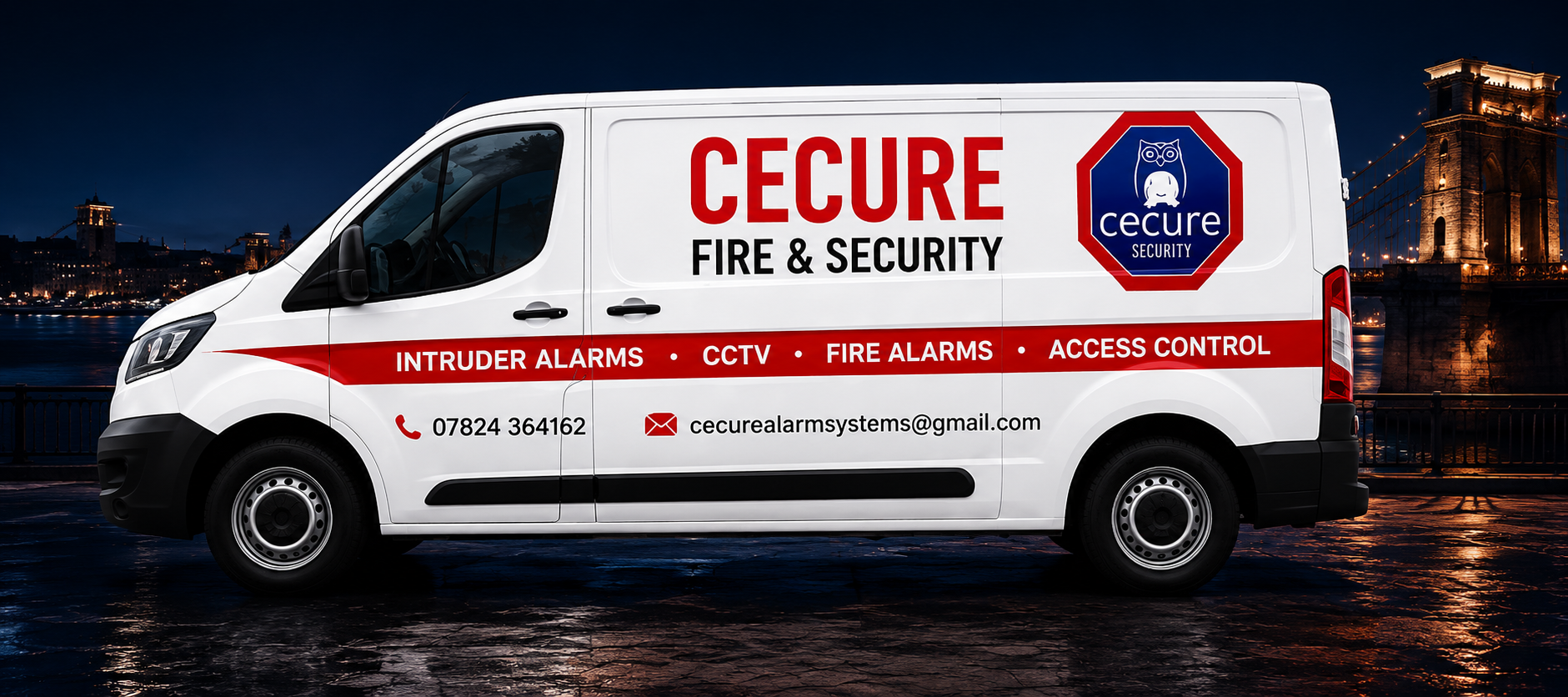 Cecure Fire & Security branded van at night